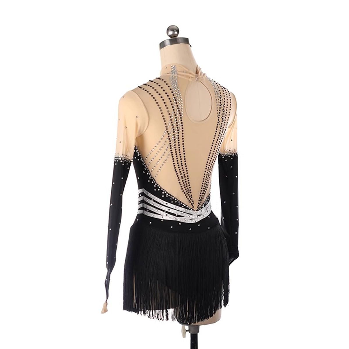 Vestido de Danza Patinaje Hielo para Mujer de Las Mujeres Manga Larga Cuello Alto Pedrería Borla Gimnasia Rítmica Maillot de Patinaje Competición Traje de Baile