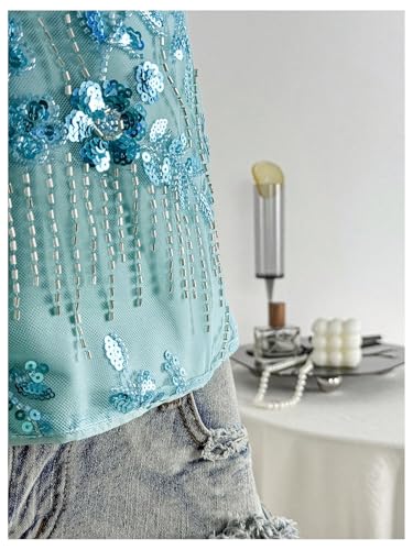 SweatyRocks Women's Sequin Tops Mesh Floral Embroidery Y2K Halter Top4