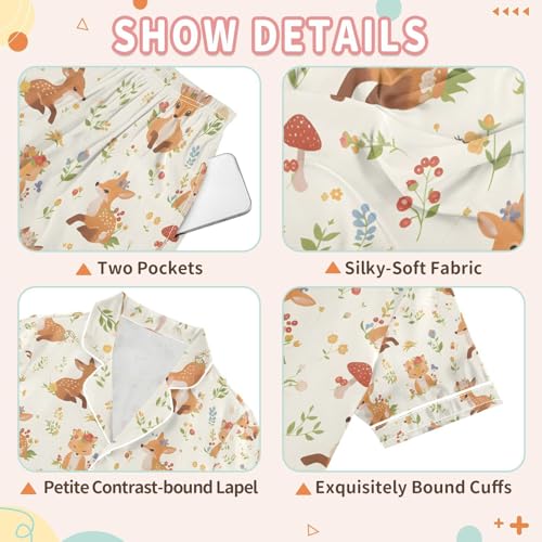 senya Deer Fox Leave Cute Satin Summer Pajama Sets Silk Short Sleeve Button Down Sleepwear3