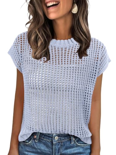 Image of ANRABESS Short Sleeve Sweater for Women Summer Crochet Knit Tops