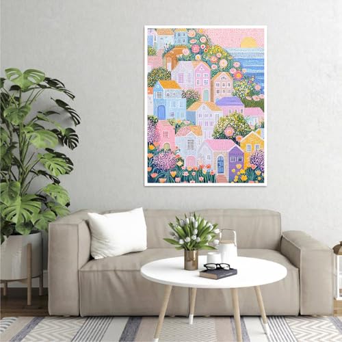 Image of Clendo DIY Paint by Numbers Kit for Adults Beginner, Seaside House Adult Paint by Number Kits on Canvas, Oil Painting Kit for Gifts Home Wall Decor 16x20 Inch(No Frame)