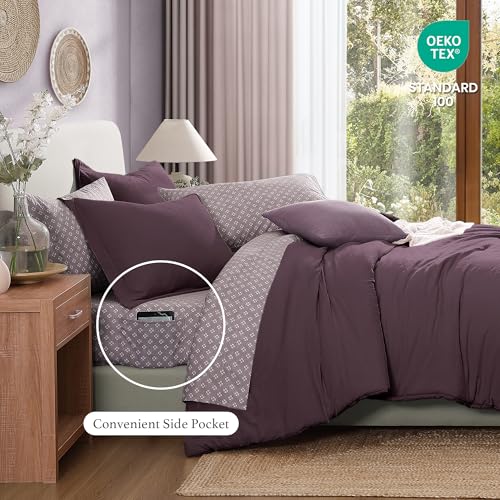 Image of Monbix King Size Comforter Set- 7 Pieces Soft Bed in a Bag King Bedding Set | All Season Plum Prewashed Comforter with Sheets, Pillowcases & Shams