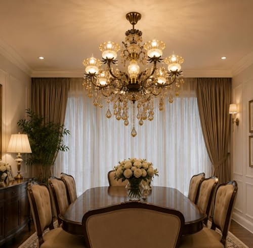 Image of Luxury Italian Chandelier Lamp, Antique Gold Finish, 6-Light Italian Hanging Ceiling Light Fixture with Decorative Crystals with Filament Bulbs (Multicolor, 6 * 5W)(Corded Electric,Gold)
