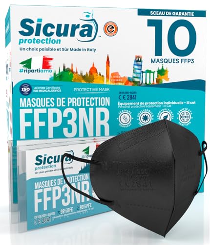 SICURA MASCHERINE CHIRURGICHE 10x Masque FFP3 Noir certifié CE fabriqué en Italie Haute Filtration Plus élevée BFE ≥99% PFE≥99% Masques 10 pièces...