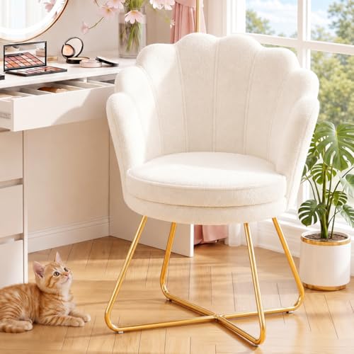 Hellove Sedia Trucco, Poltrona Conchiglia in Teddy con Placcato Oro Metallo Gambe, Moderno Poltrona Salotto con Seduta Morbida Imbottita per Camera da letto/Soggiorno/Vanità, Blanco
