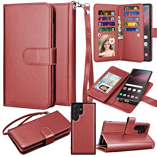 Takfox Wallet Case for Samsung Galaxy S23 Ultra, Galaxy S23 Ultra 5G Case, PU Leather Credit Card Holder Case [9 Card Slots] Folio Flip Detachable Magnetic Cover Kickstand & Carrying Strap, Wine Red