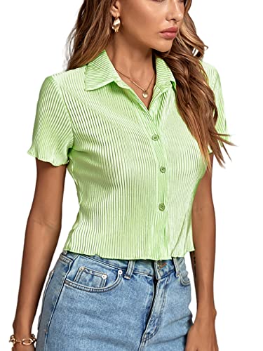 Lyaner Women's Rib Knit Collar V Neck Button Down Ruffle Tirm Short Sleeve Crop Top Blouse Shirt Grass Green Medium #TOP2