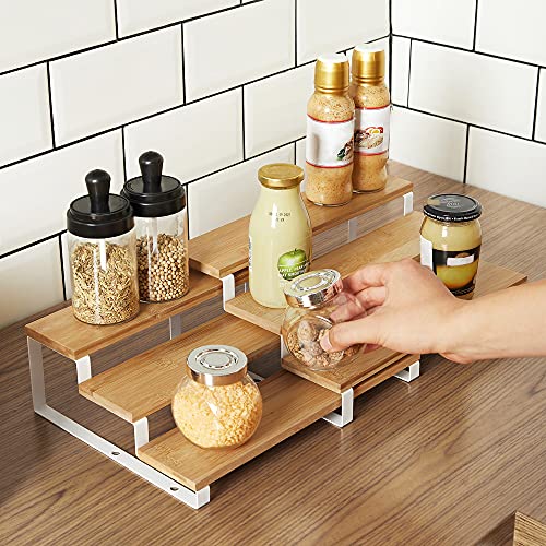 Image of SONGMICS Display Risers, Set of 2 Engineered Wood Perfume Organizer Stand, 3-Tier Cupcake Stand Holder, Spice Rack, Shelf Risers for Figures, Dessert Shelves, Natural Beige and Cloud White UKCS016N02