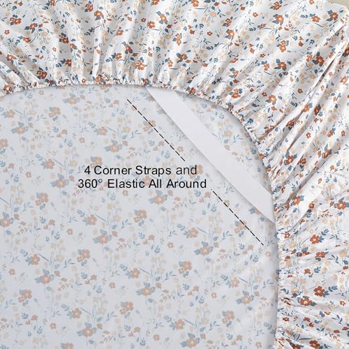 Image of Softan Floral Full Sheet Set, Orange Flower Printed Bed Sheets - 4 Piece Soft Microfiber Patterned Fitted Sheets with 15 inch Deep Pocket & Non-Slip Straps, Cute Flower Sheets & Pillowcase Set