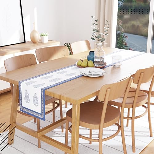 Image of Encasa XO Dining Table Runner for 4 to 6 Seater | Indigo-01 Block Printed Cotton Canvas | 32x150 cm | Jaipur Sanganeri Hand Print
