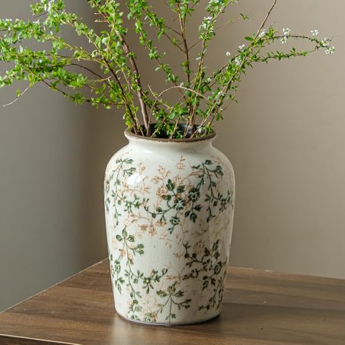 Image of Ceramic Flower Vase | Farmhouse Green Rustic Vase for Home Decor, Vintage Floral Pottery Tuscan Decorative Vase for Living Room & Kitchen, Mantel & Bookshelf, Centerpieces, Entryway, Wedding(7.8 Inch)