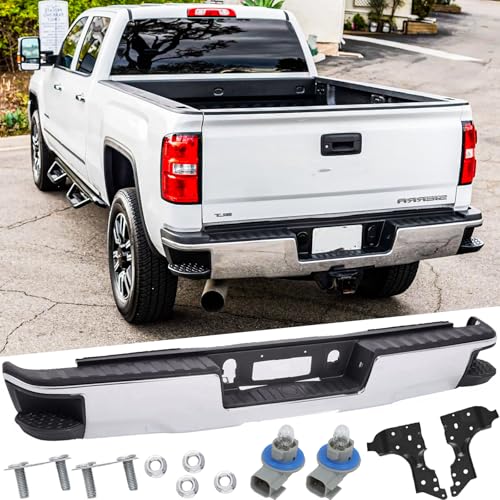 Rear Steel Step Bumper Assembly for 2014-2018 Chevy Silverado 1500 & GMC Sierra 1500 without Park Sensor Holes Chrome Back Bumper Replacement for GM1103176,with Pads Brackets and License Plate Lights