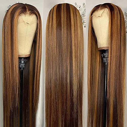 Hermosa HD Transparent Highlight Lace Front Wigs Human Hair Pre Plucked 150% Density 9A Highlight 4/30 Human Hair Wigs for Women with Baby Hair Middle Part 14 inch