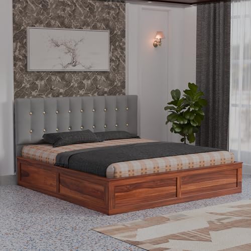 Image of Sheesham Wood Queen Size Bed with Storage Box | Upholstered Beds | Platform Cot with Cushioned Headboard | Double Bed for Home | Recommended Mattress 78x60 Inch | Grey & Honey Finish