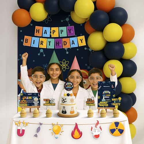 Image of Just Party Science Theme Party Decoration - 100 pcs Happy Birthday Decoration Kit for Kids | Science Theme Birthday Decoration Items for Boys & Girls | Includes Balloons,Backdrop Curtain,Props,Banners