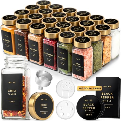 EDELHAUS Glass Spice Jars with Label, 24x Gold Stainless Steel Lids