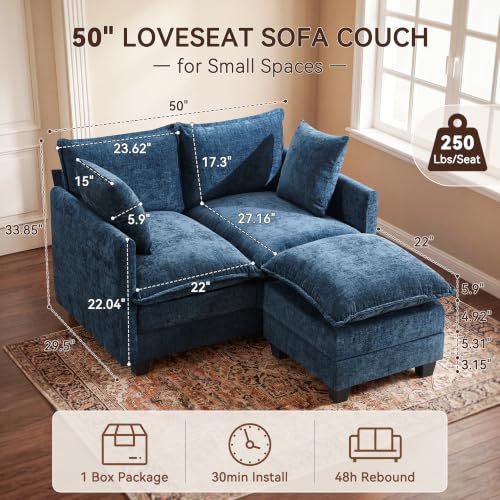 Image of 50 inch Loveseat Sofa with Ottoman, Cloud 2-Layer Cushion & 27 inch Deep Seat, Modern Love Seat Small Couch with 2 Washable Pillows for Small Spaces, Bedroom, Apartment, Office, Living Room, in a Box, Blue