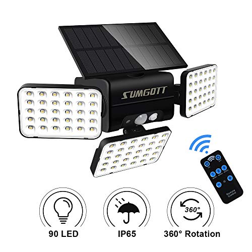 SUMGOTT Luz solar para exteriores con control remoto, luz de seguridad con sensor de movimiento, foco LED 90, luz de pared a prueba de agua IP65, adecuada para balcón, jardín, terraza, patio (1PCS)