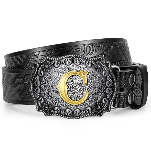 Western Cowboy Leather Belt Men Women, Gold Initial Letters ABCJMZ Buckle Embossed Belt for Jeans