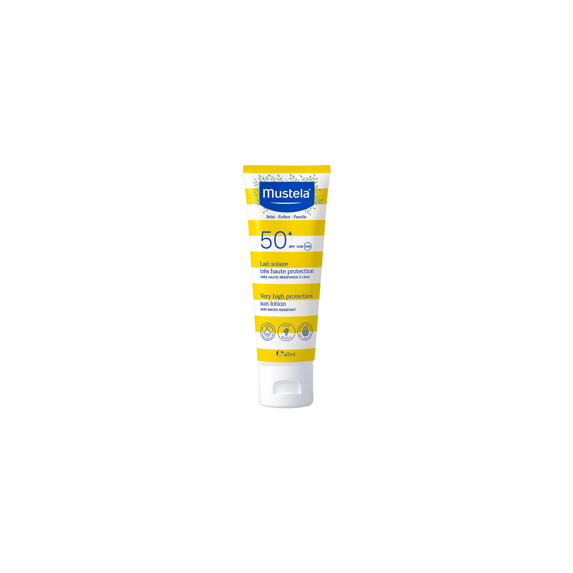 Mustela Latte Solare Spf 50, Viso, Corpo, Con Perseose di Avocado, Neonati, Bambini, Tutta la Famiglia, Adatto in Gravidanza - Protezione Molto Alta dai Raggi UVB e UVA (40ml)