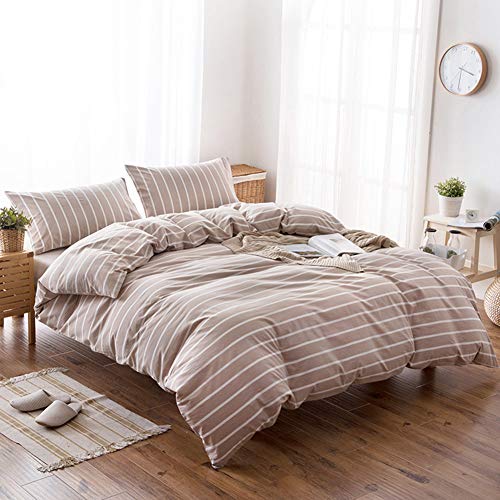 DONEUS Duvet Cover Twin Size - 100% Washed Cotton Duvet Cover Set Linen Feel Breathable Soft Comfy 3 Piece Striped Bedding Set with Zipper Closure (Coffee)
