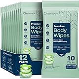 120 Large Shower Wipes – Body Wipes for Adults Bathing No Rinse – 12 Packs of 10 – Extra Moist Bath with Aloe & Vitamin E for Camping, Travel, Gym & Bedridden Care