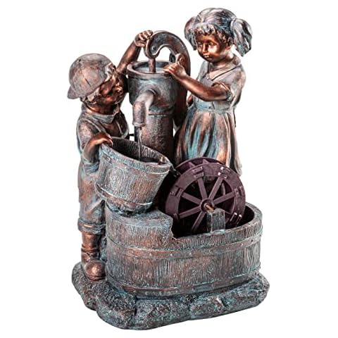 Dehner Gartenbrunnen Lea und Leon mit LED Beleuchtung, ca. 68.5 x 45 x 35 cm, Polyresin, grün/blau/braun Cover