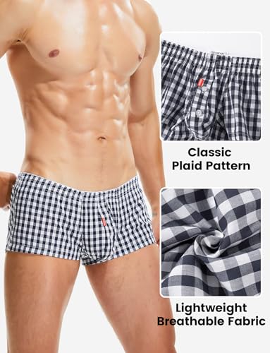 Panegy Men's Plaid Striped Pajama Shorts Low Rise Boxer Briefs Bulge Pouch Button Front Sleep Bottom3
