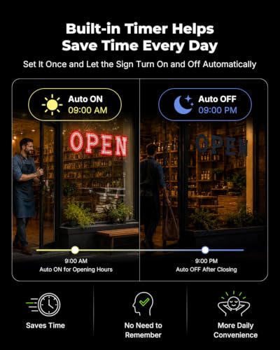 Image of 32 x 10 Inch LED Open Sign for Business - Timer via BT APP & Remote Control, Ultra Bright Open Sign with 14 Flash Modes, 6 Dimming Levels & 6 Speed Control for Salon Cafe Restaurant (Red & white)