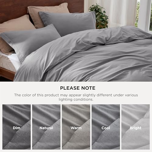 Bedsure 100% Washed Cotton Duvet Cover Queen Size - Gray Minimalist Cotton Duvet Cover Linen Like for All Seasons - GentleSoft™ Plain Simple Bedding (Gray, Queen, 90"x90")