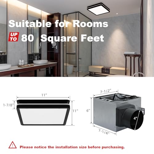 Image of Akicon Bathroom Exhaust Fan with Light, 80CFM 2.0 Sones Exhaust Fan for Bathroom Ceiling, 15W Dimmable 3CCT LED Lights & 3.5W Nightlight Vent Fan for Home, Shower Room, Square, Black