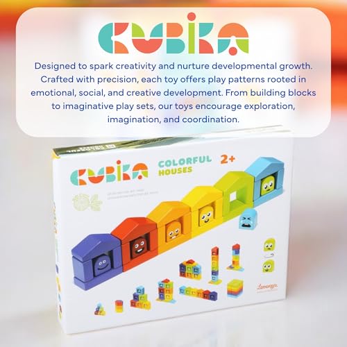 Image of CUBIKA Wooden Construction Set Colorful Houses - 24-Piece Construction Play Set with Emotion Characters for Toddlers 2+- Montessori Toy for Creativity, Cognitive Development, and Emotion Recognition