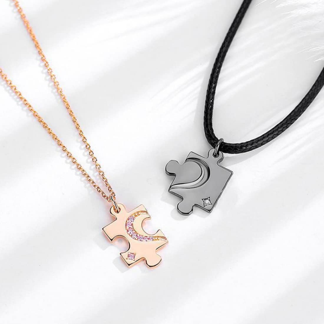 2 Collane Puzzle Anima Gemella - Ciondolo Nero E Cuore, Regalo Per Coppie