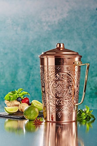 New CopperBull 2017 Heavy Gauge 1mm Solid Hammered Copper Water Moscow Mule Serving Pitcher Jug with Lid, 2.2-Quart (Engraved Copper)