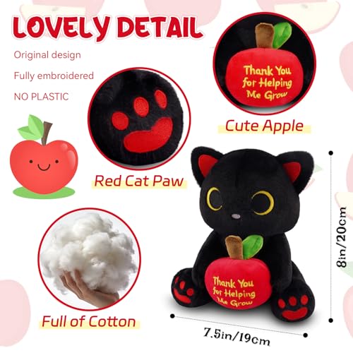 Image of Black Cat Plush Holding Red Apple - Teacher Appreciation Gift Thank You for Helping Me Grow, 8inch Cute Stuffed Cat Plushie, Kawaii Toy Thank You Gift for Women Men Desktop Decor
