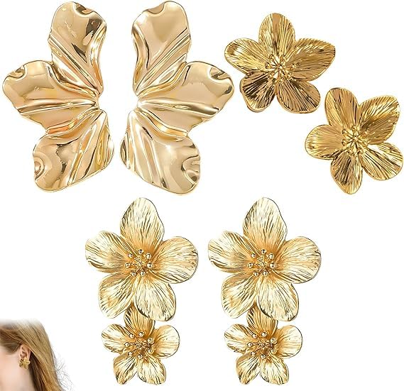 Boucles d'oreilles femme dorées 3 paires élégantes Design fleur et feuille Hypoallergéniques, légères Bijoux fantaisie pour usage quotidien et occasions...