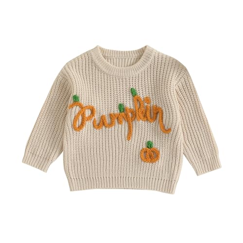 Toddler Baby Boy Girl Halloween Outfit Pumpkin Sweater Embroidery Knit Pullover Sweatshirt Fall Winter Clothes (Beige, 0-3 Months)