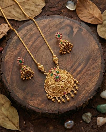 Image of South Indian Traditional Antique Matte Gold Finish Goddess Lakshmi & Peacock Motif Long Necklace Set with Jhumka Earrings for Women | Ethnic Temple Jewellery for Weddings, Brides & Festivals (Trendy)