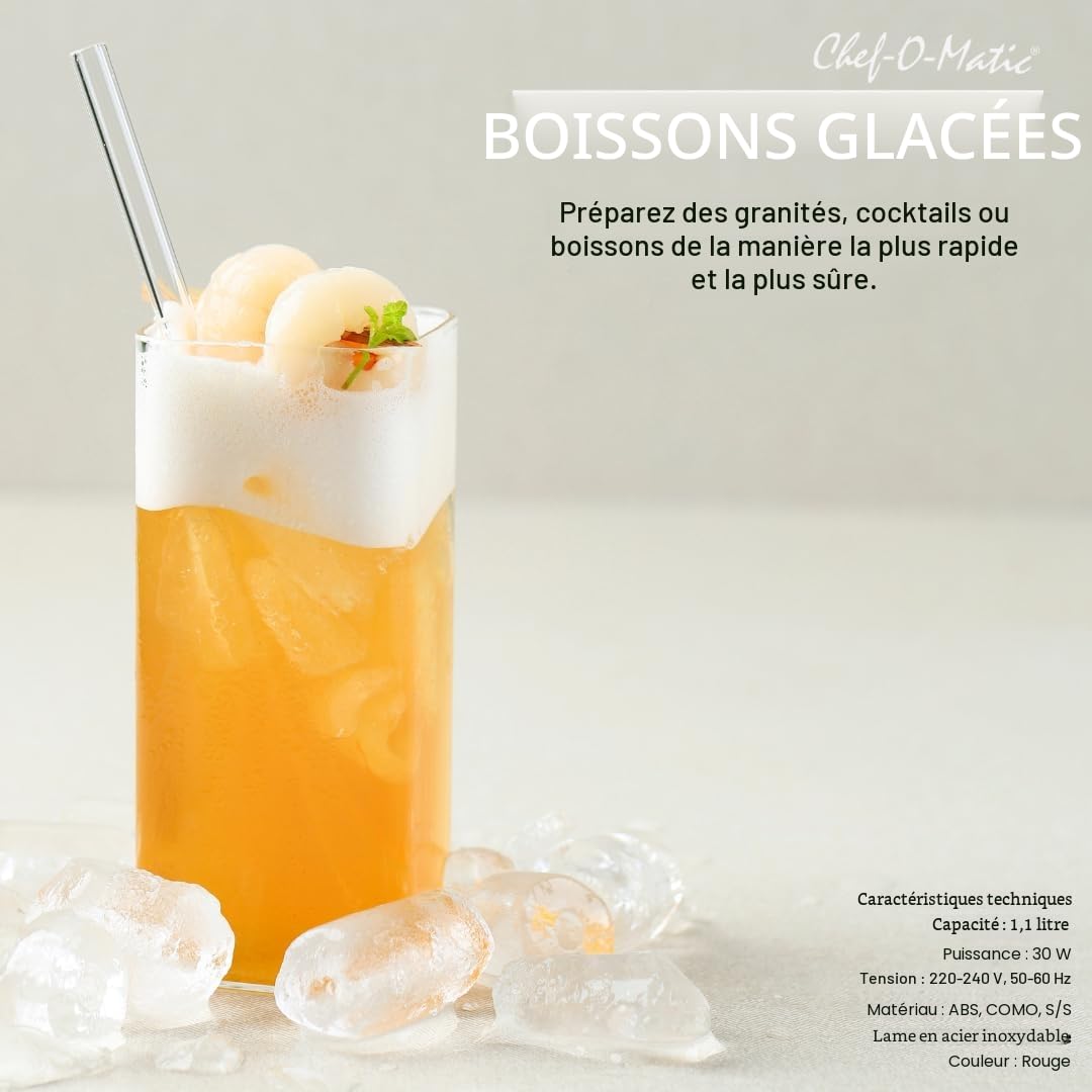 Hachoir à glace électrique Frozen Drinks, lame en acier inoxydable, capacité 1,1 l, granités, cocktails, boissons froides, combinés, yaourt glacé, 30 W