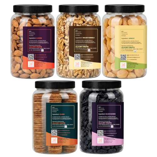 Image of LILA DRY FRUITS Dry Fruits Combo Pack of Almonds, Walnuts, Apricots, Anjeer & Black Raisins 100 Gms x 5 Assorted Nuts and Dried Fruits Mix Perfect for Gifting