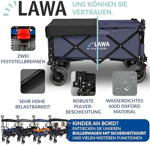 7. Bild von Bollerwagen faltbar mit Dach mit Bremse Handwagen Faltwagen Gartenwagen Transportwagen klappbar bis 100kg Strandwagen Campingwagen klappbar breite Räder Leiterwagen (BLAU mit Plane)