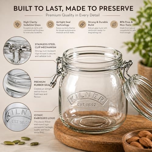 Image of Kilner Premium 500ml Round Airtight Glass Jar with Clip Top Lid for Pickles, Jams, Chutneys, Yougurt | Transparent, Reusable Multipurpose Kitchen Storage Container