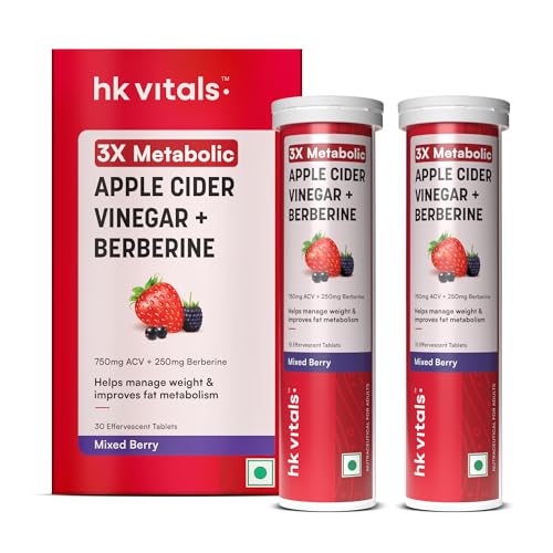 Image of hk vitals 3x Metabolic Apple Cider Vinegar 750mg + Berberine 250mg, Mixed Berry, 30 Effervescent Tablets (15 Tablets each) | Combo Pack