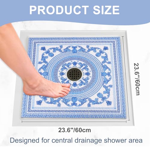 Image of Square Shower Mat Non Slip: 24x24 Inch Extra Large Shower Mats with Drain Hole in Middle -Anti Slip Shower Mats for Inside Shower -Loofah Shower Floor Mat Bath Mat for Shower Stall Bathtub Elderly