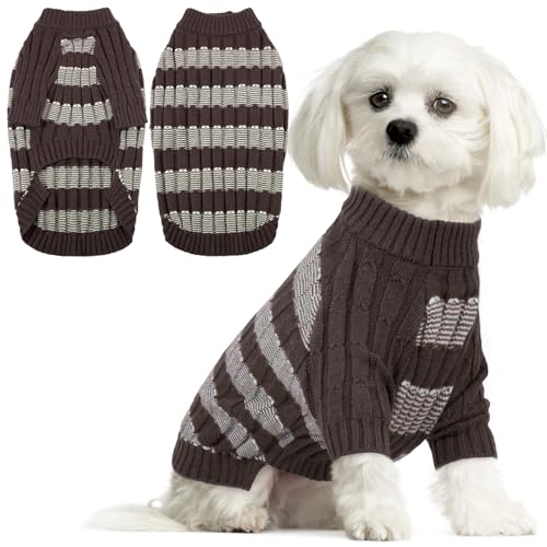 Hjumarayan Hundepullover Kleine Hunde - Pullover Hund mit Geschirrloch, Warm Hunde Strickpullover Winter mit Beinen, Pit-Streifen Hundepulli für Bichon Frisé, Mini-Dackel, Braun M