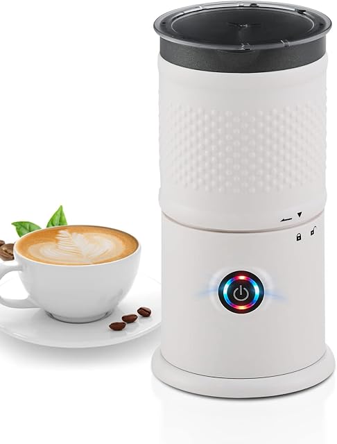 TUKAILAI Milk Frothers, 450W Electric 3 in 1 Hot & Cold Milk Frother Machine with LED Button, Non Stick Coating, Automatic Shut-Off for Coffee, Latte, Cappuccino, Multifunctional Milk Frother, White