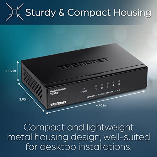 TRENDnet Gigabit Desktop Switch, TEG-S51, 5 x Gigabit RJ-45 Ports, Ethernet Splitter, 10Gbps Switching Capacity, Fanless Design, Metal Enclosure, Lifetime Protection - Image 7