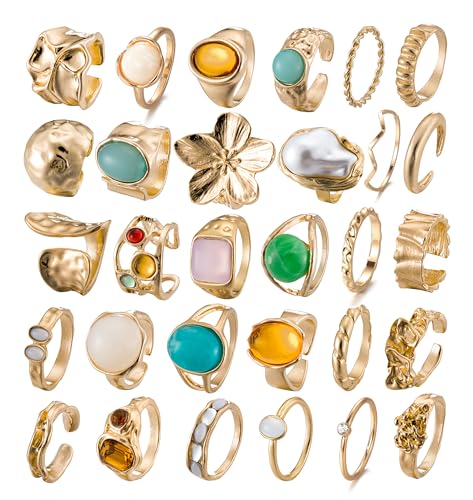 Mixcbe 30 Pcs Gold Crystal Stacks Ring Sets for Women Chunky Gemstone Knuckle Rings Boho Flower Statement Joint Finger Rings Pack for Jewelry Gift
