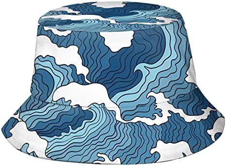 Blue White Ocean Waves Bucket Hat for Men Women Funny Unisex Print Packable Adult Summer Sun Protection Hats Travel Beach Fisherman Cap for Outdoor Golf Sports Hiking Fishing
