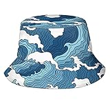 Blue White Ocean Waves Bucket Hat for Men Women Funny Unisex Print Packable Adult Summer Sun Protect